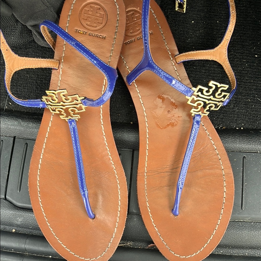 Tory Burch Blue and Brown Sandals with Metallic Embellishment